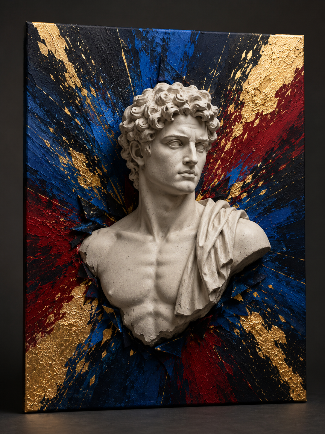 Classical sculptural bust emerging from dramatic abstract canvas