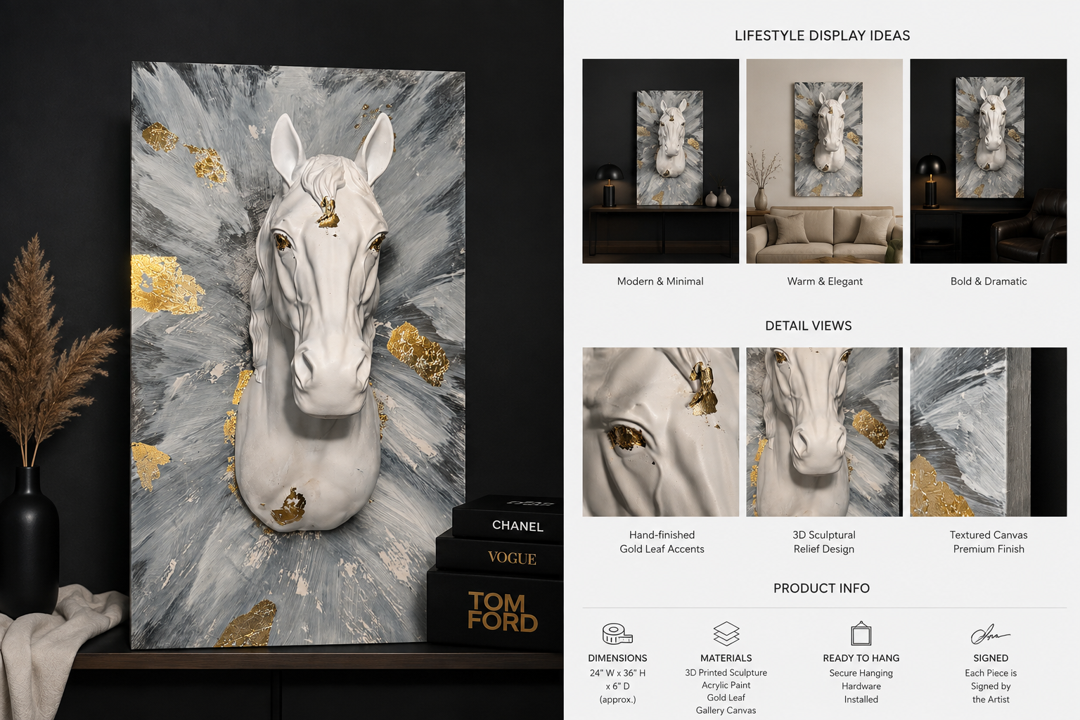 Relief Theory horse artwork shown in lifestyle display mockups