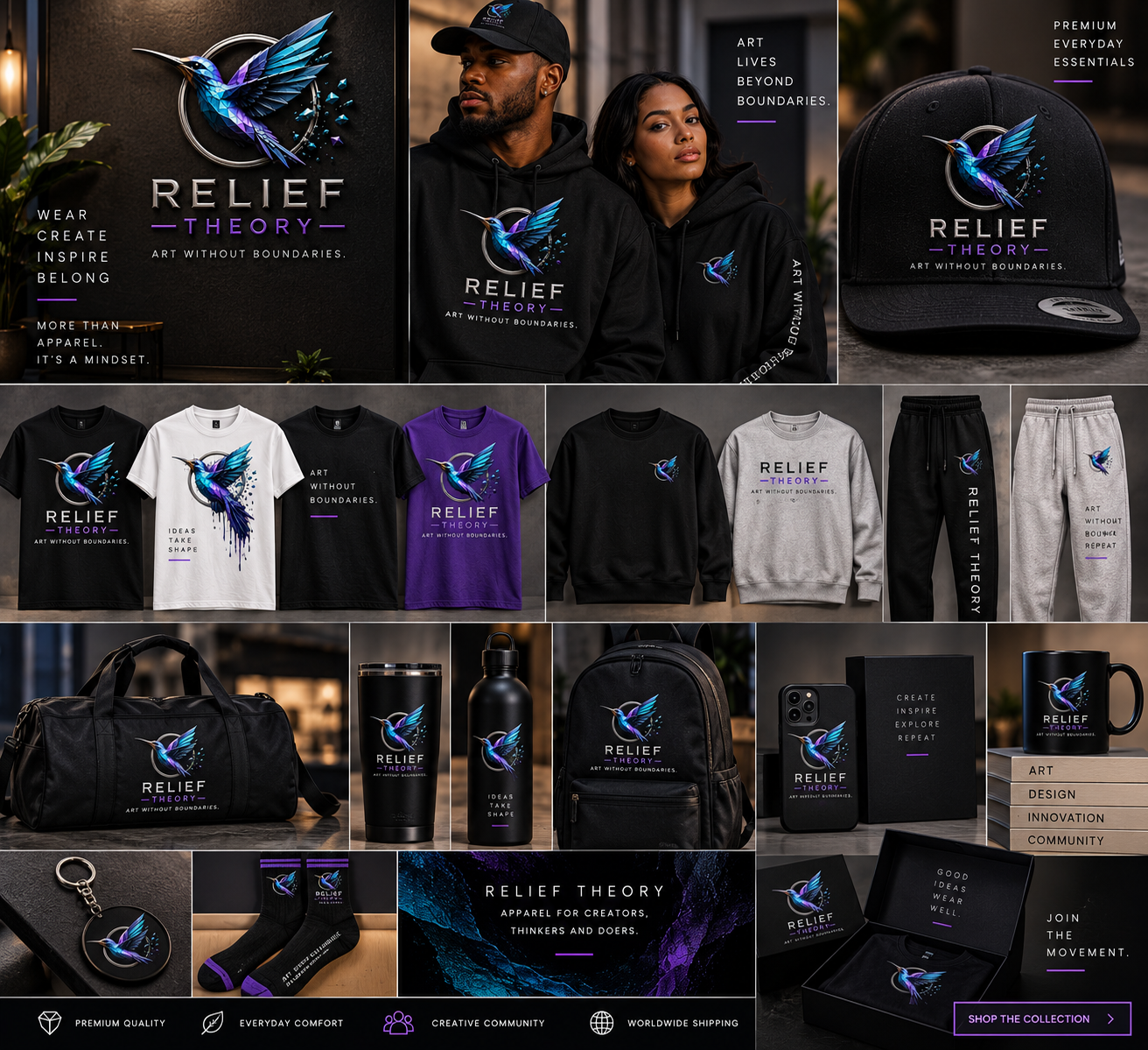 Relief Theory apparel and merchandise concept mockup
